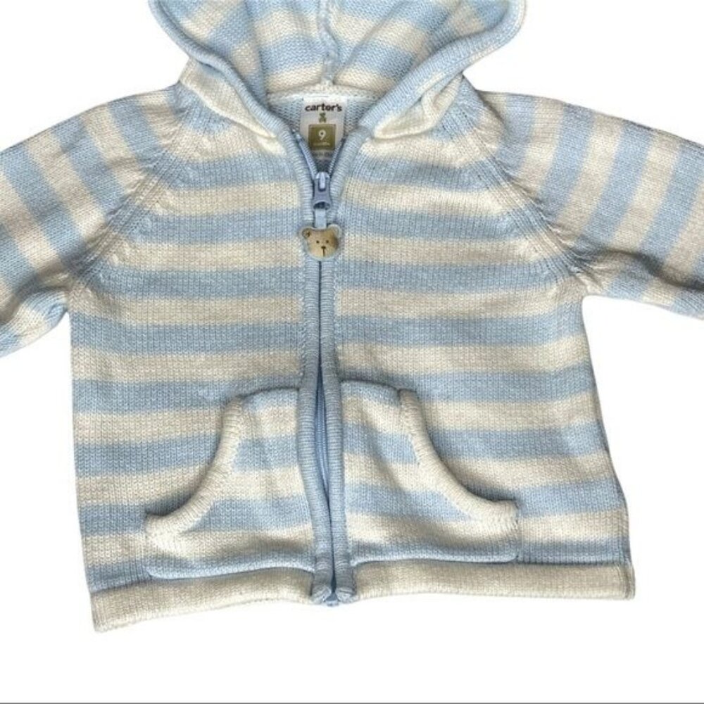 Carter's Blue/White Hooded Sweater Zip Front Baby 9M Cozy Classic Casual - Picture 5 of 13